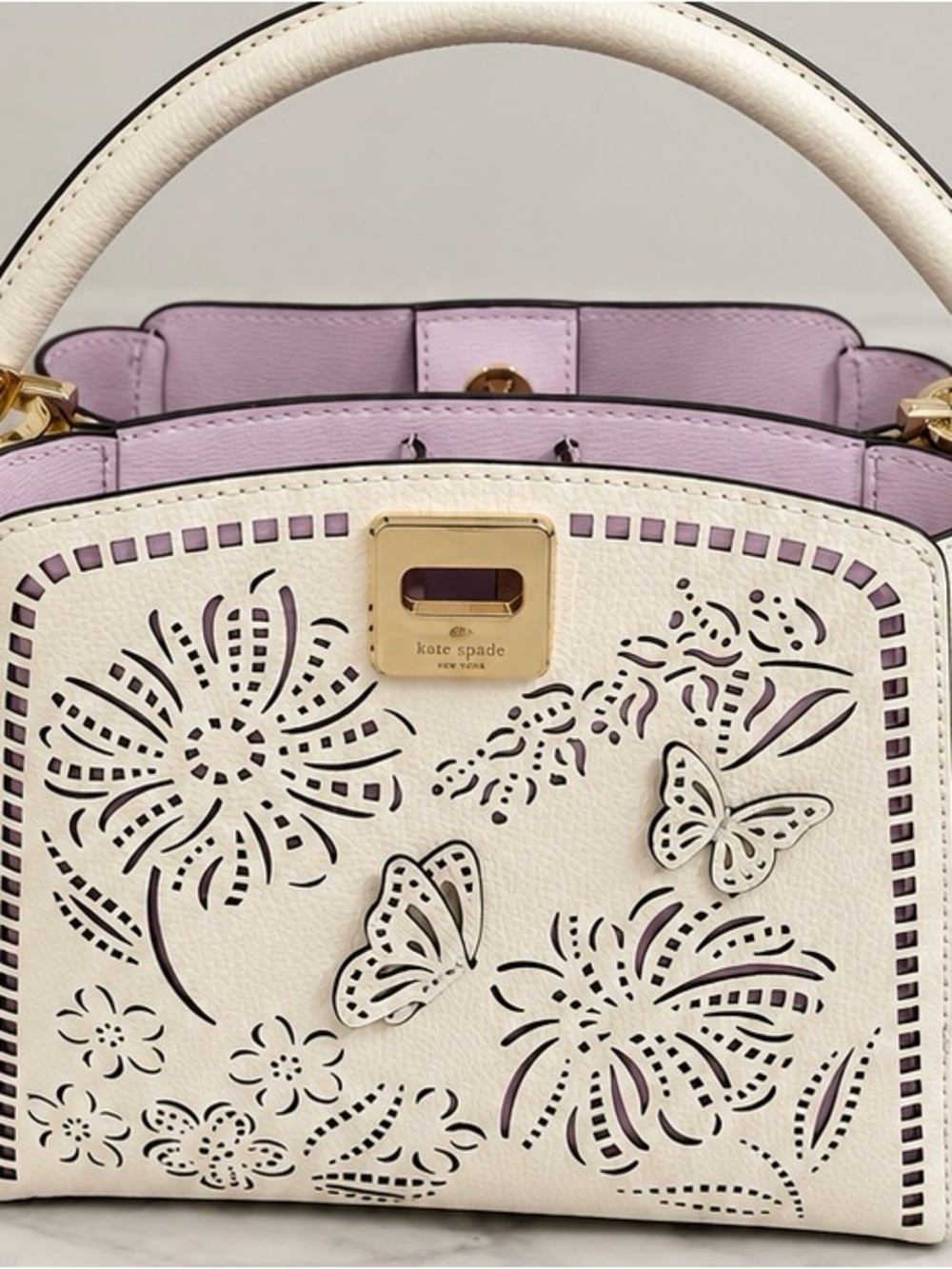 kate spade Cream & Lavender Floral Laser-Cut Leather Satchel